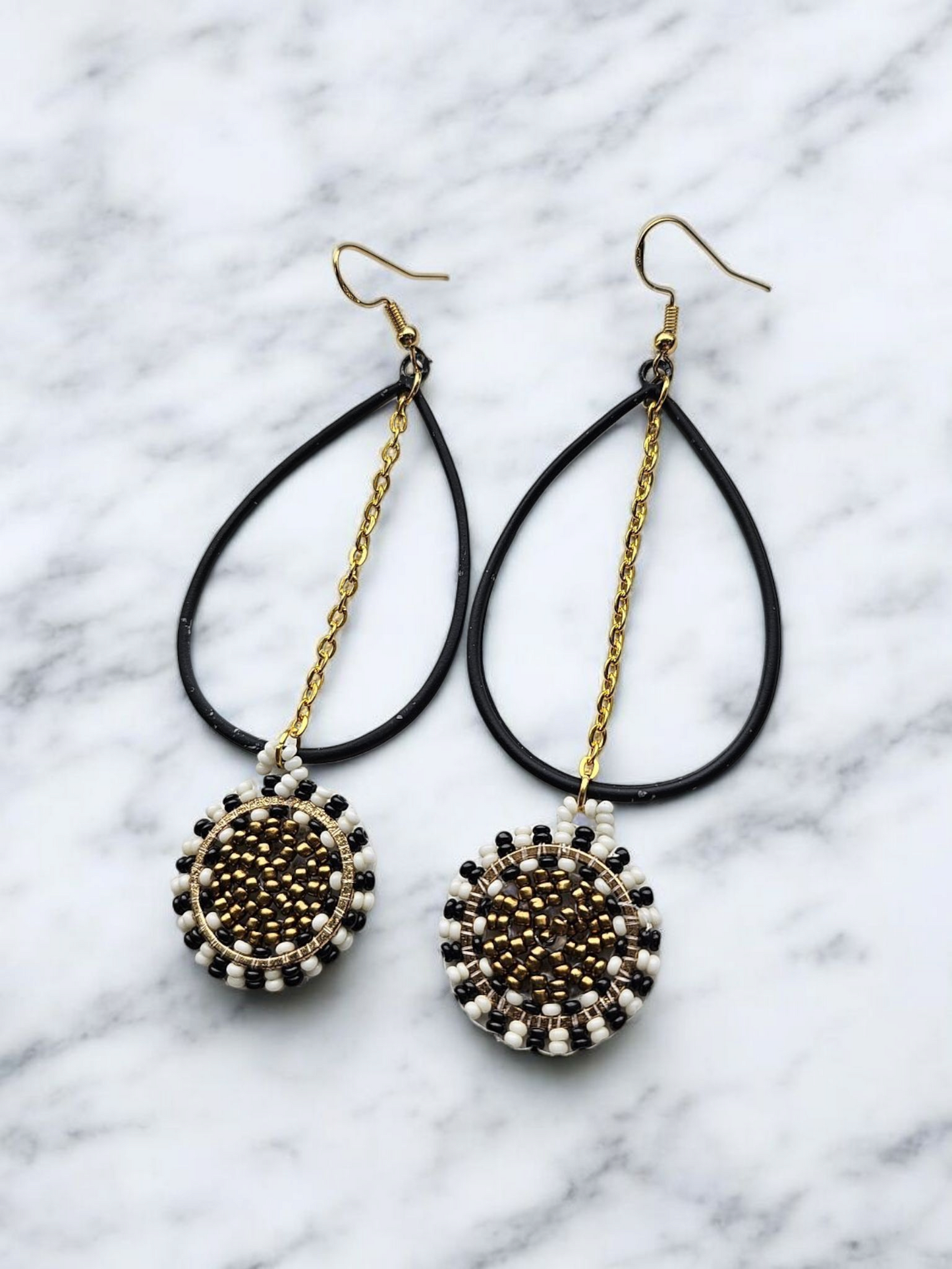 Black and Gold Upcycled Beaded Teardrop Earrings