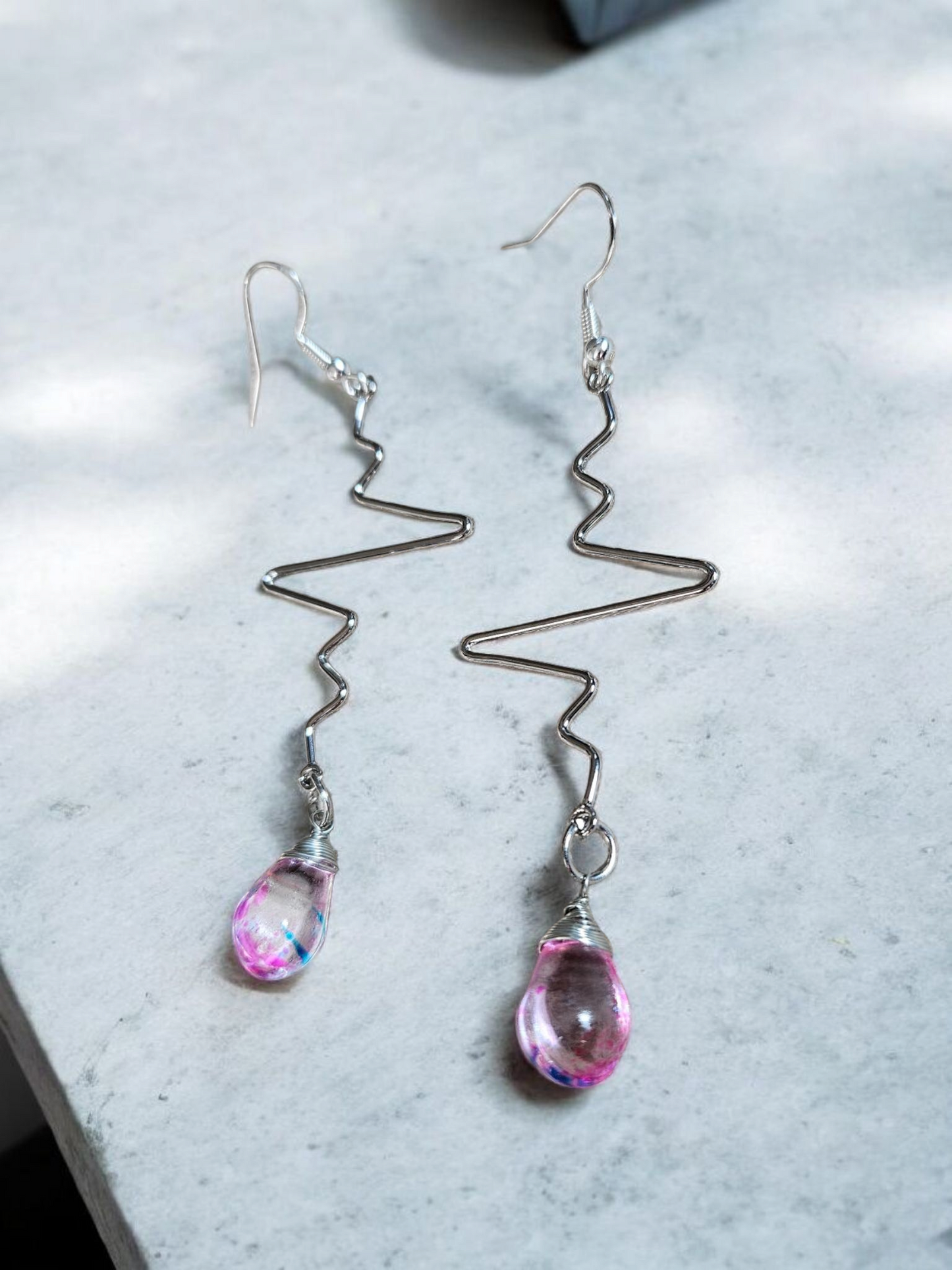 Silver Heartbeat and Colorful Tear Drop Charm Long Dangle Earrings