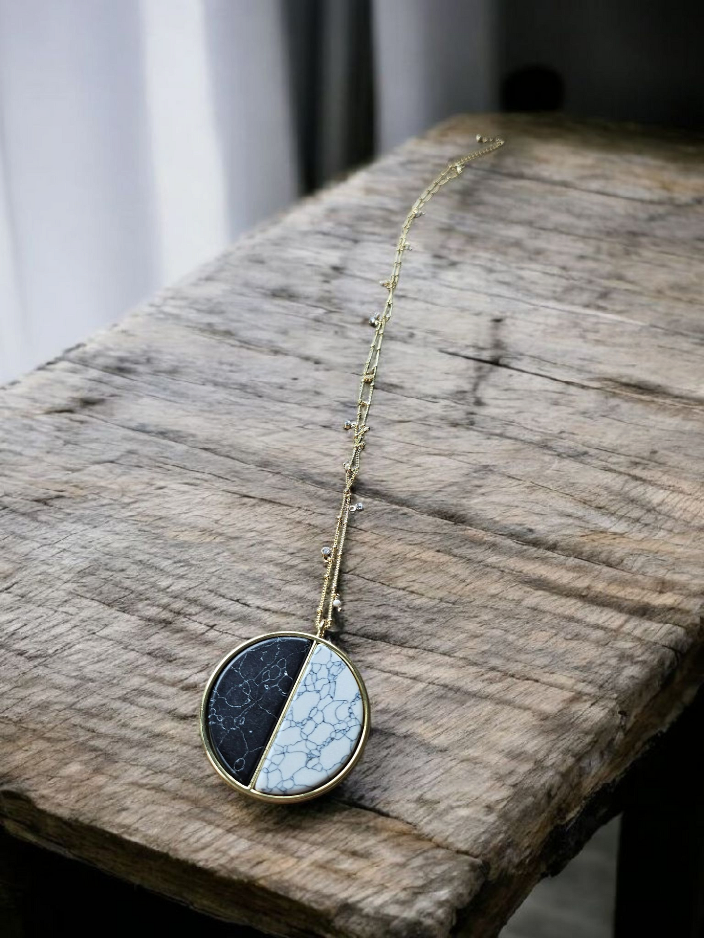 Black and White Marble Yin and Yang Long Shimmer Necklace