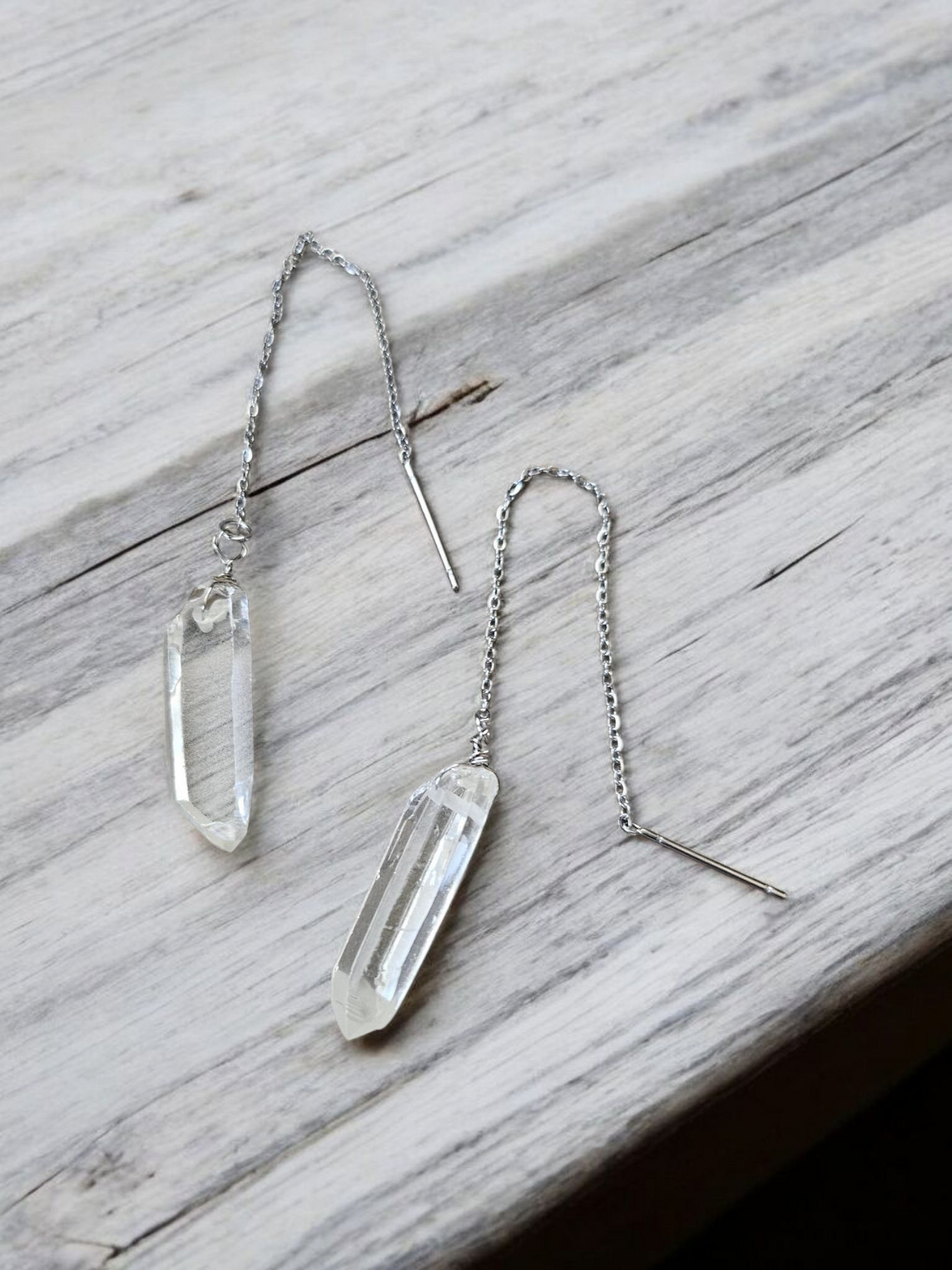 Clear Crystal Point Silver Threader Earrings