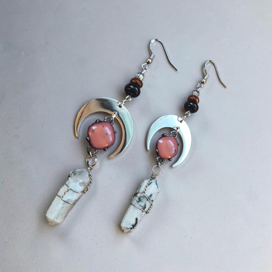 Celestial Silver Moons with Genuine Selenite Crystals Dangle Earrings