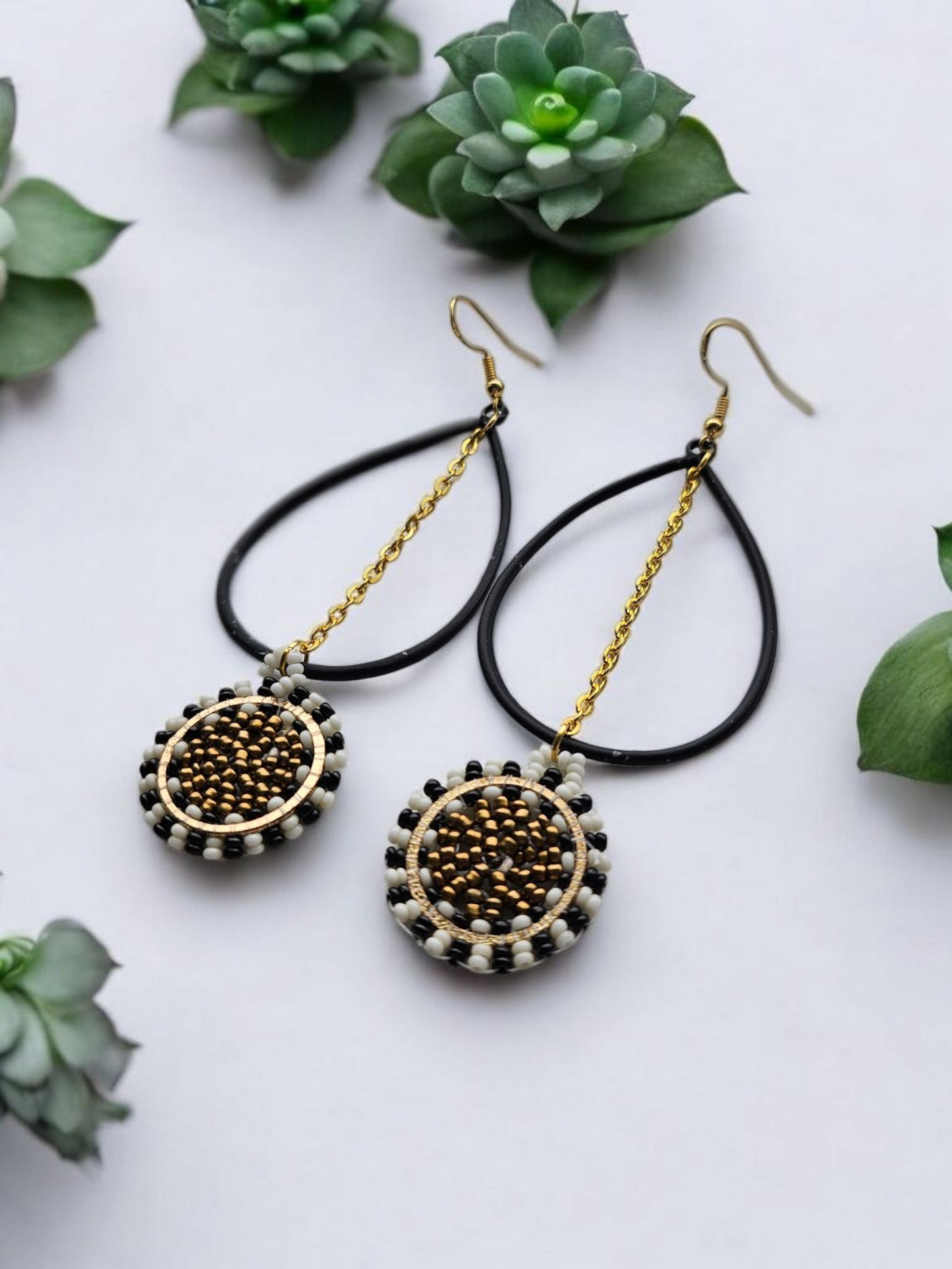 Black and Gold Upcycled Beaded Teardrop Earrings