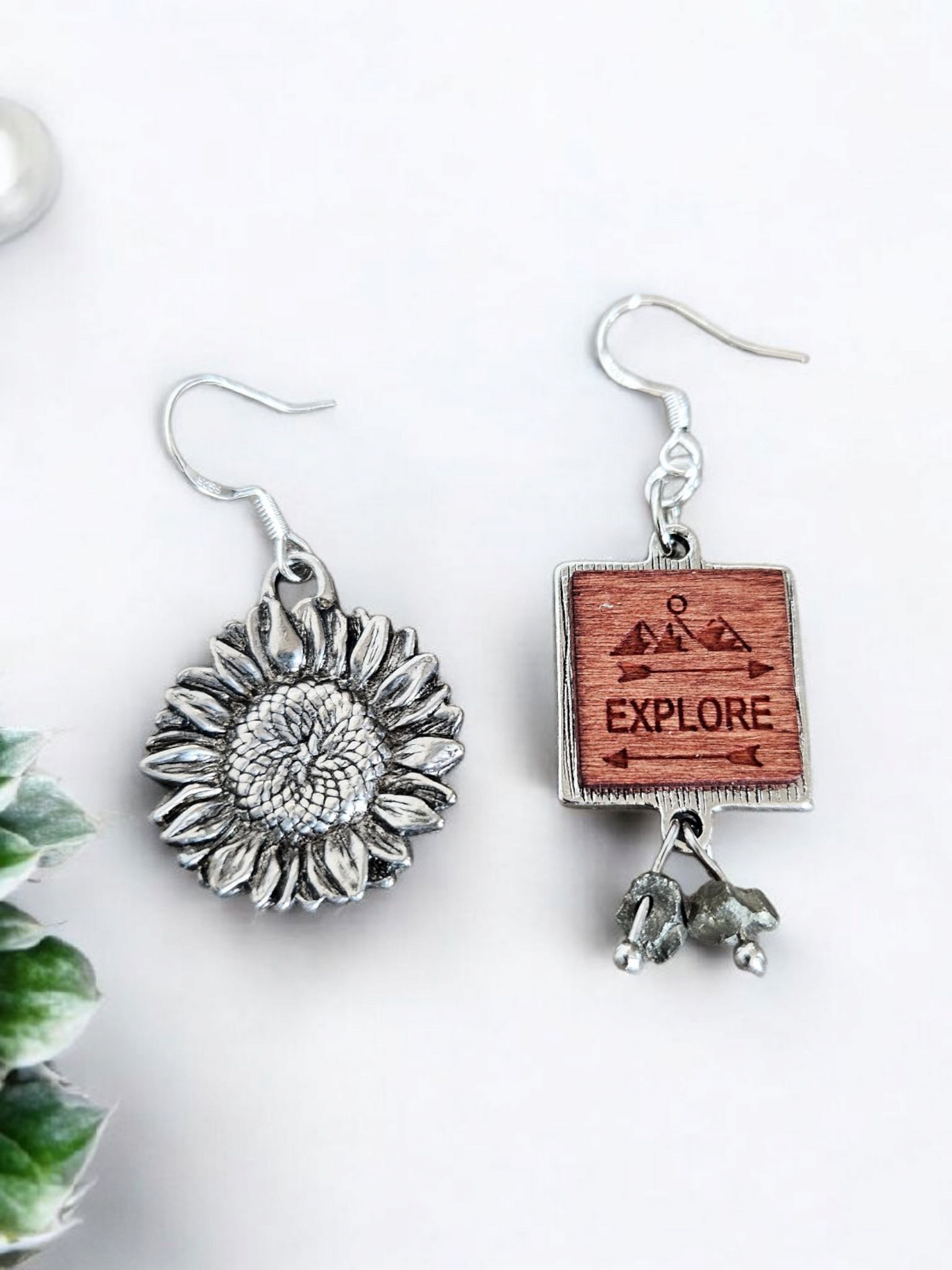 Explore Sign and Sunflower Asymmetrical Dangle Earrings