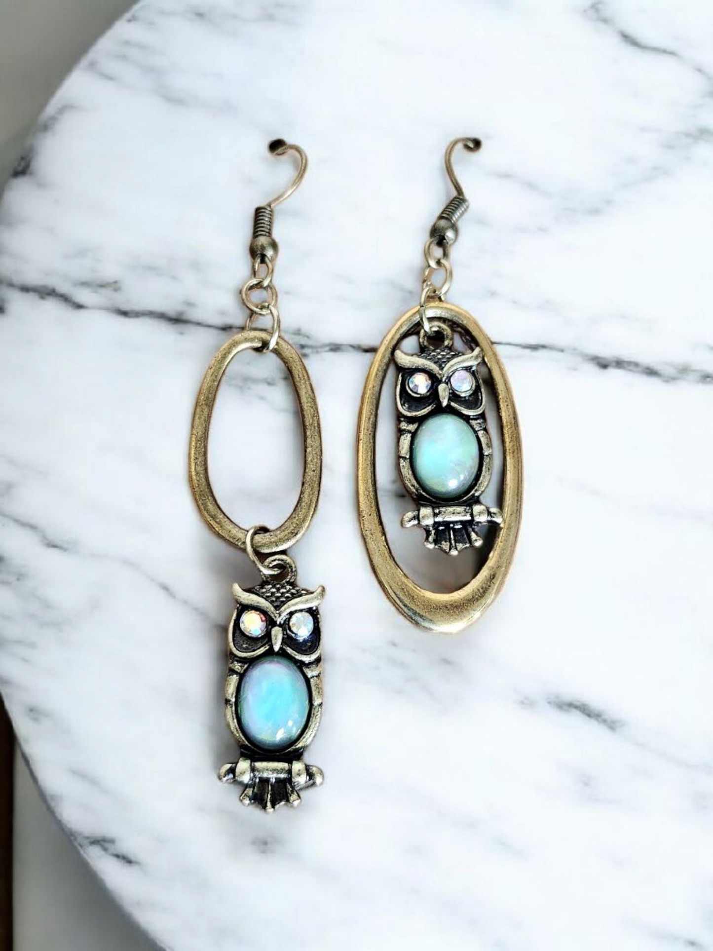 Upcycled Asymmetrical Brass Owl Dangle Earrings