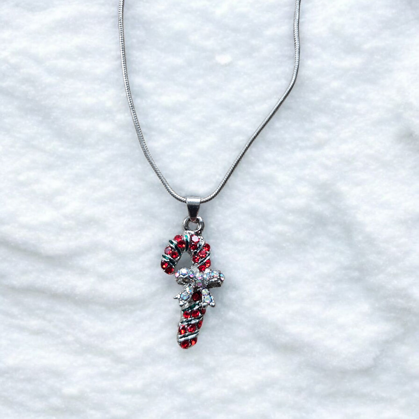 Shimmering Candy Cane on Silver Necklace Holiday Jewelry