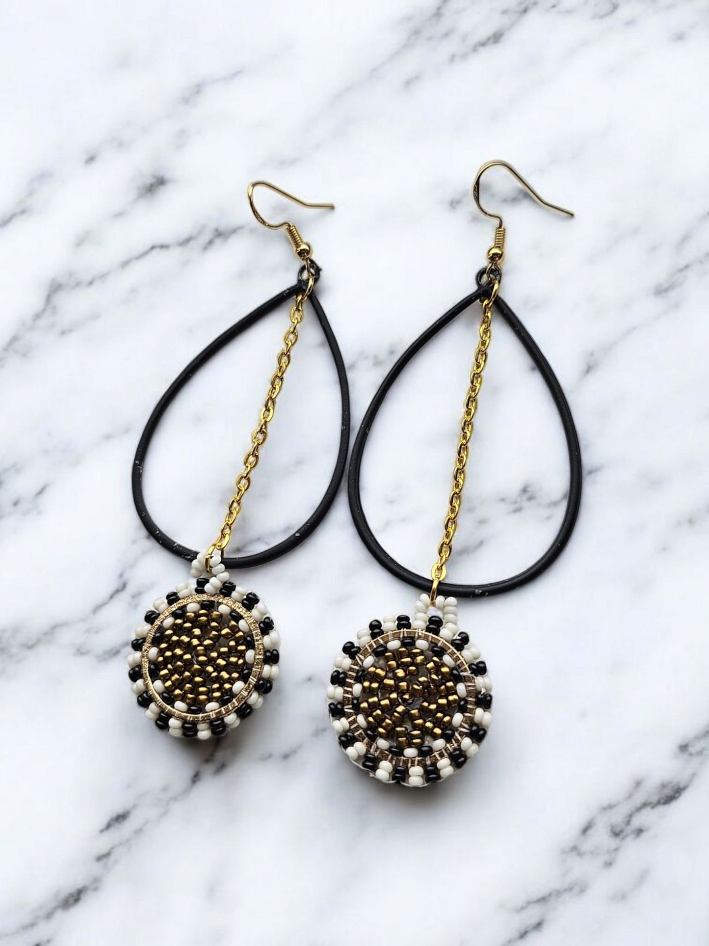 Black and Gold Upcycled Beaded Teardrop Earrings