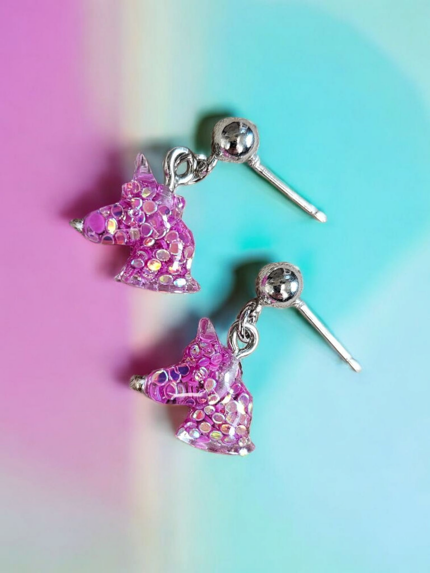 Fuchsia Glitter Unicorn Stud Dangle Earrings