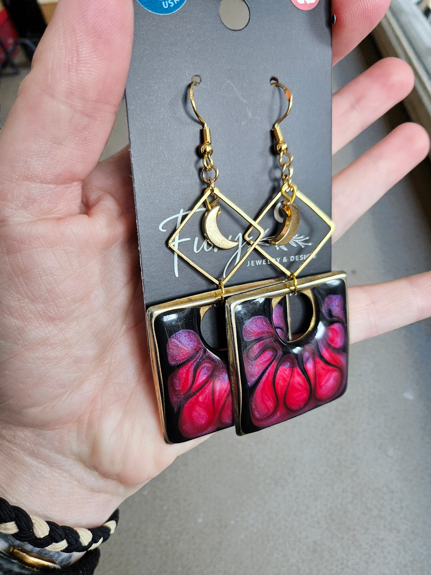 Upcycled Geometric Watercolor Dangle Earrings with Crescent Moon Charms