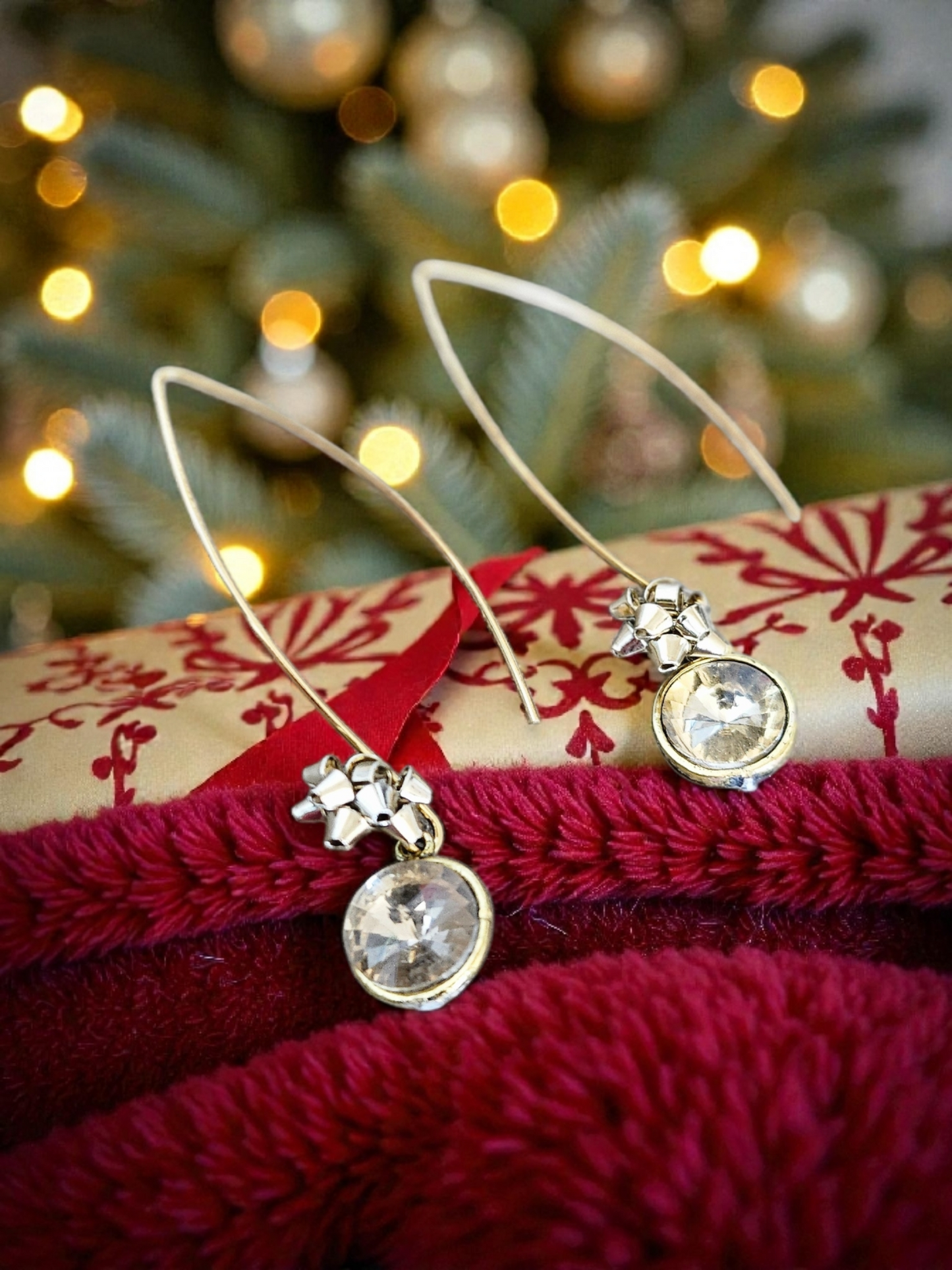 Christmas Upcycled Shimmering Round Jewels with Little Golden Bows Dangle Earrings on V Hooks
