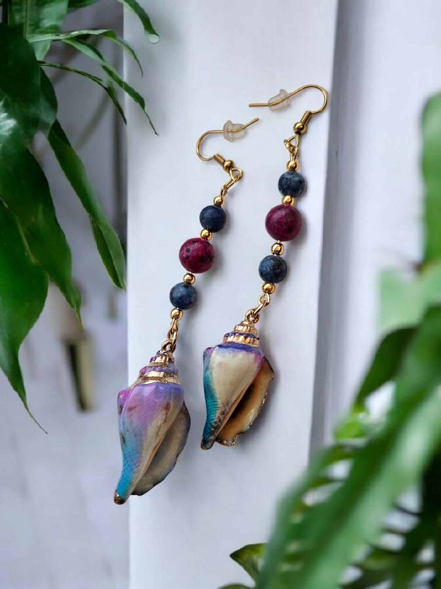 Purple and Blue Seashell Long Dangle Earrings
