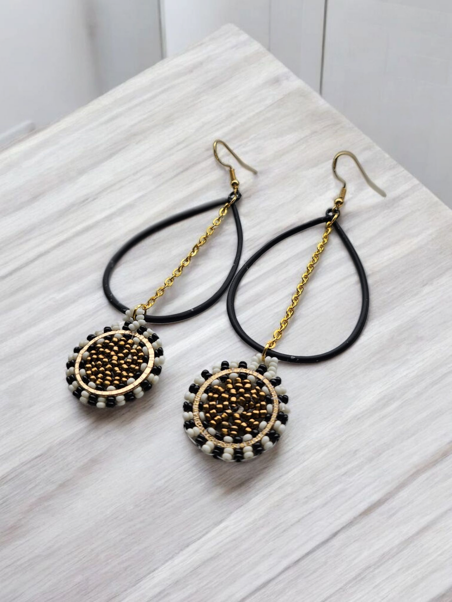 Black and Gold Upcycled Beaded Teardrop Earrings