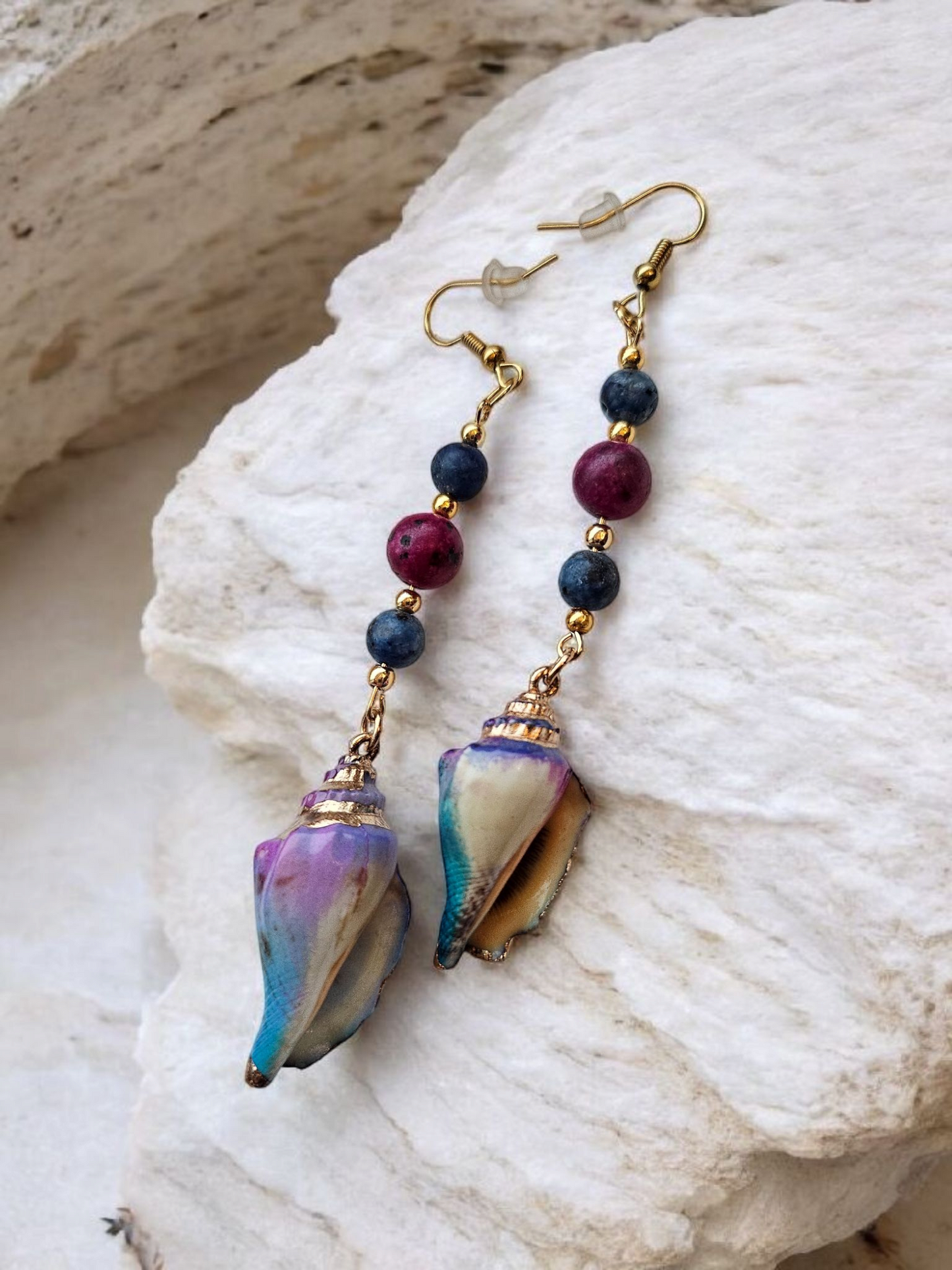 Purple and Blue Seashell Long Dangle Earrings