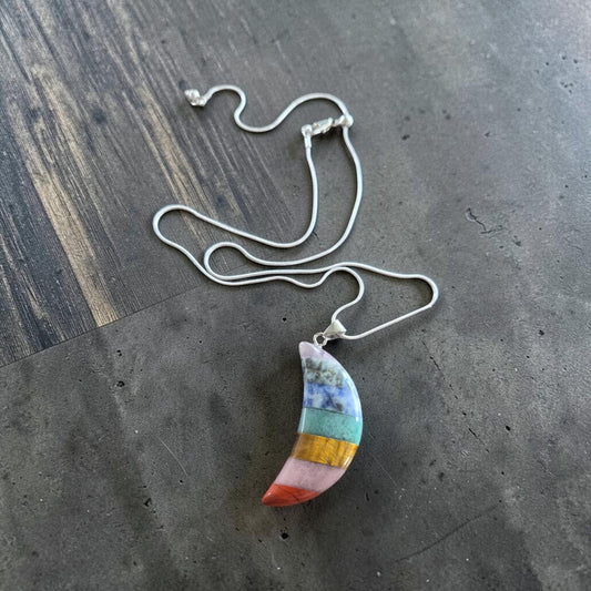 Rainbow Crescent Moon on Adjustable Silver Necklace