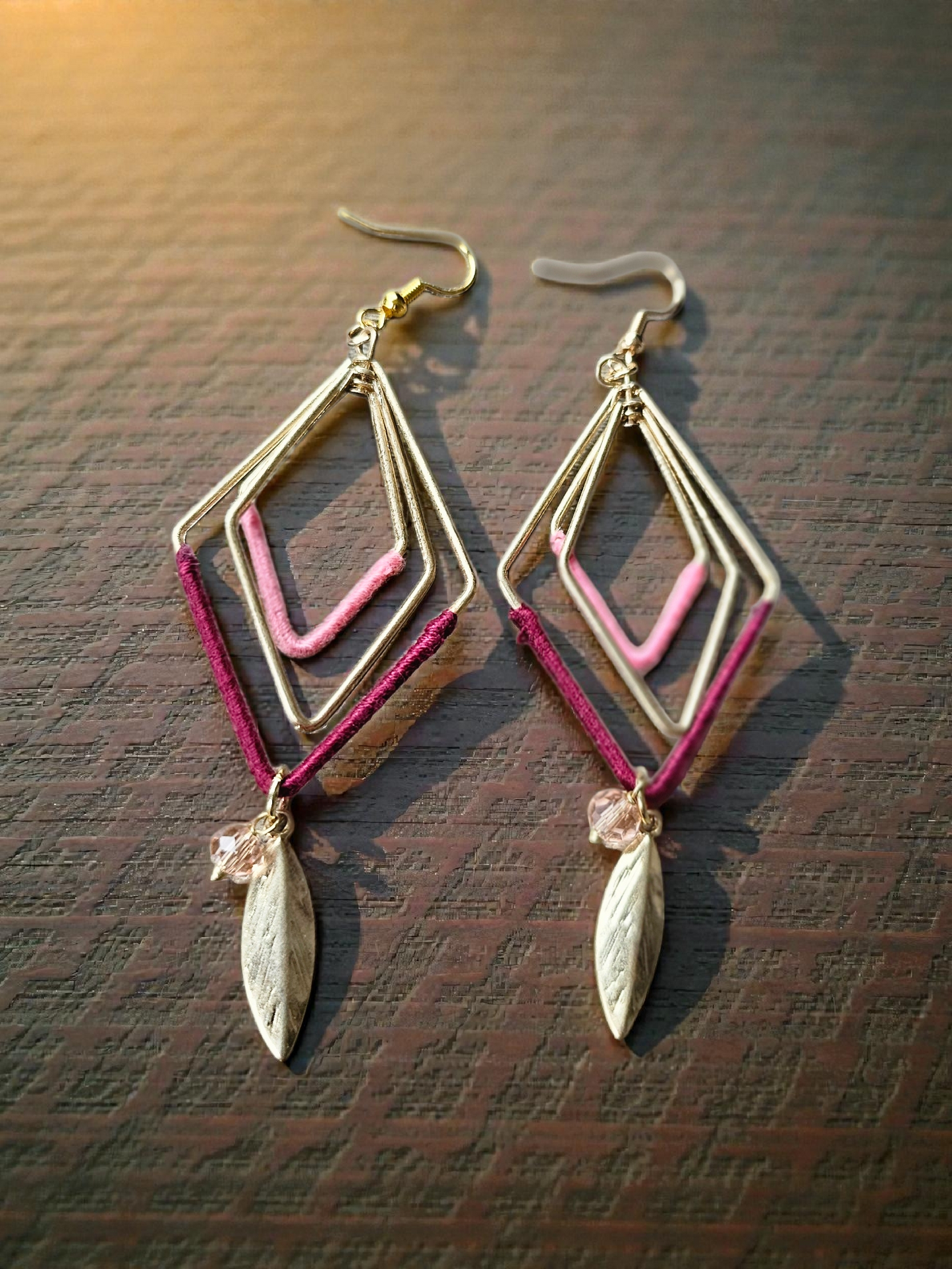 Upcycled Geometric Diamonds with Pink Threading and Golden Leaf Drops Dangle Earrings