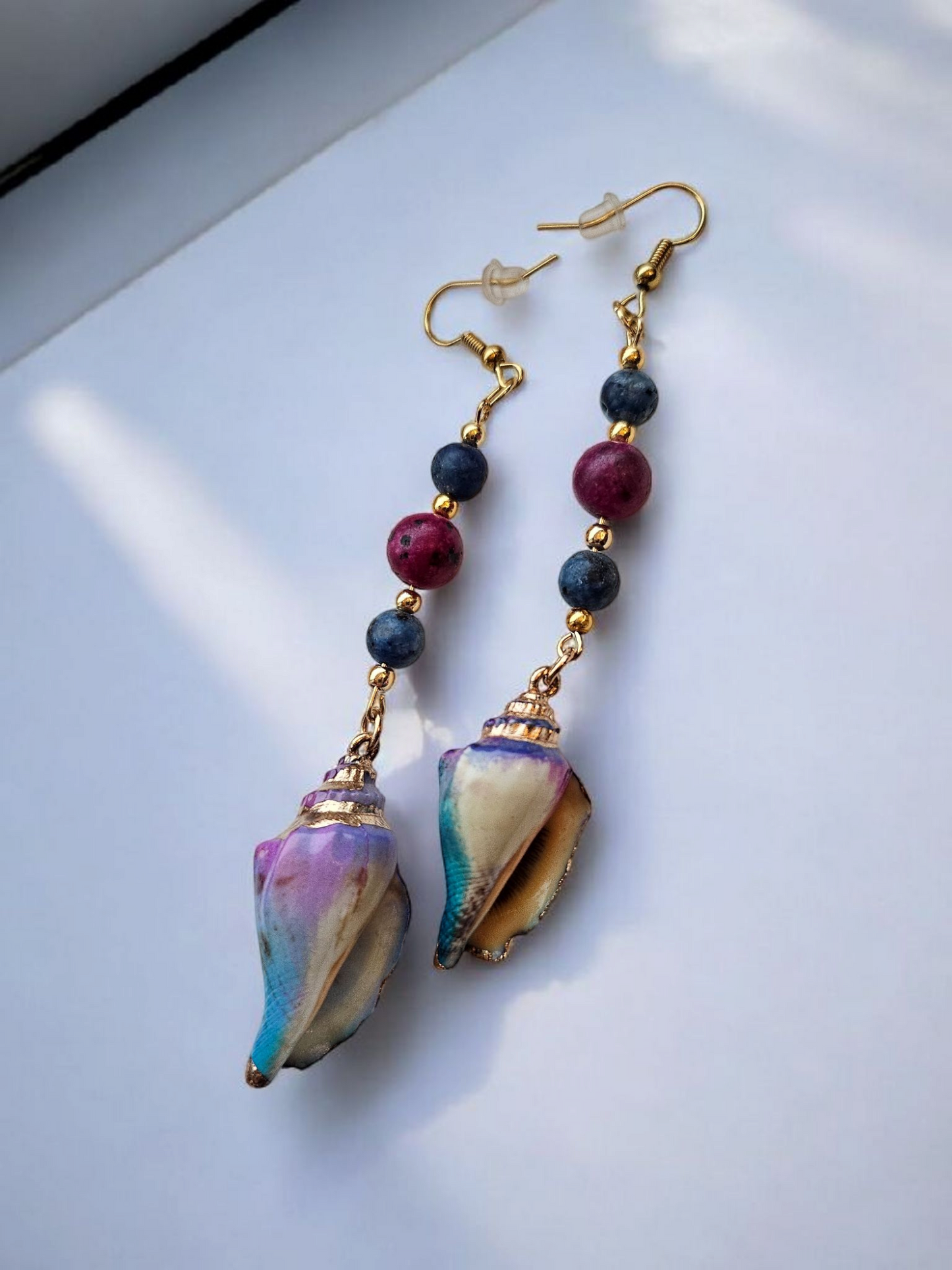 Purple and Blue Seashell Long Dangle Earrings