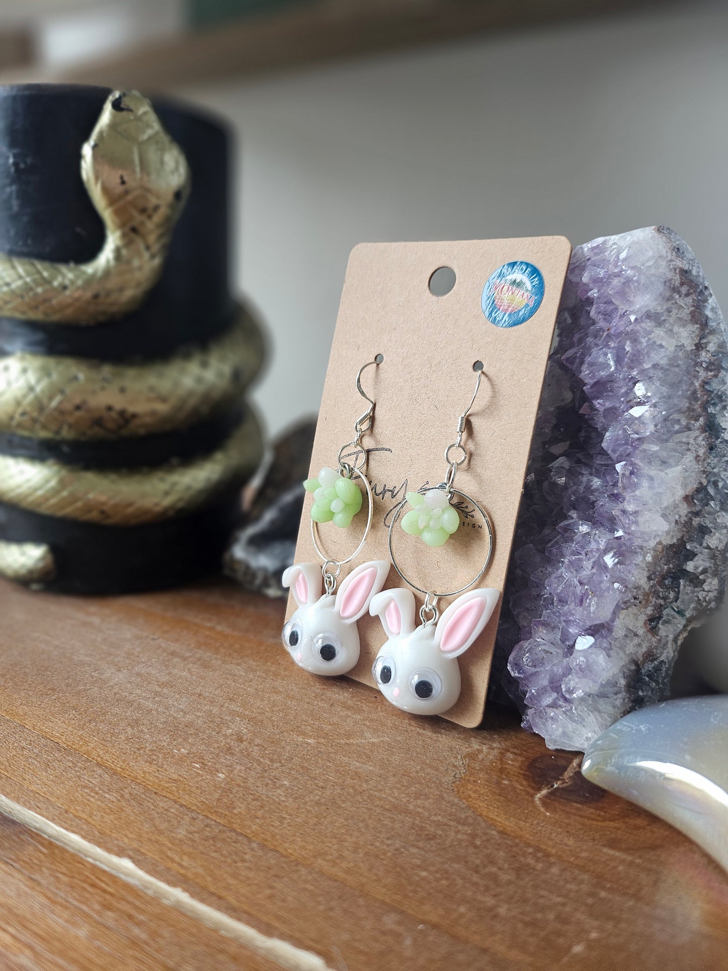 Easter Bunny With Succulent Charms Dangle Earrings Handmade Whimsical Spring Jewelry Gift