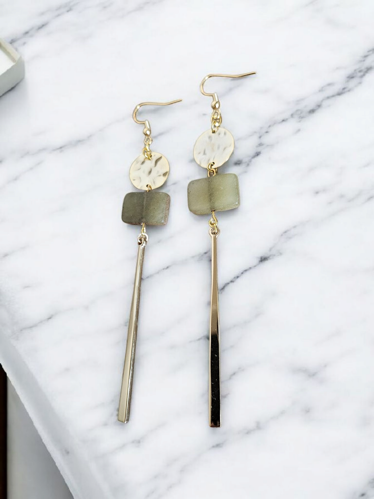 Hammered Gold and Olive Gemstome Long Dangle Earrings