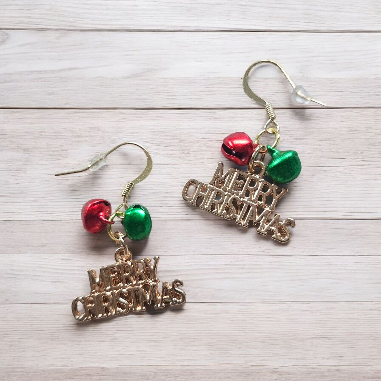 Gold Merry Christmas Dangle Earrings with Green and Red Jingle Bells Holiday Earrings