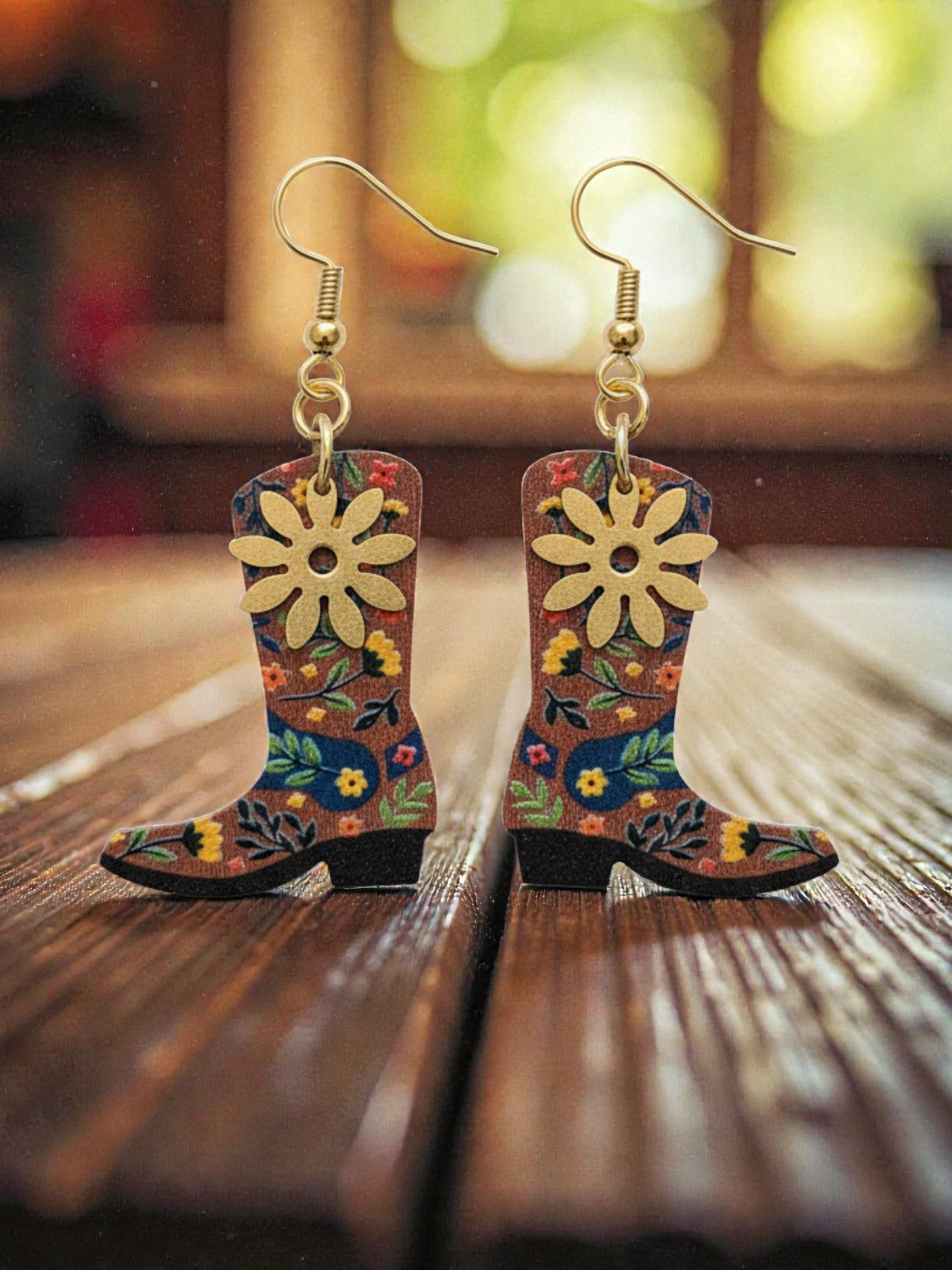 Wooden Floral Cowboy Boot Earrings with Floral Brass Accent Dangle Earrings