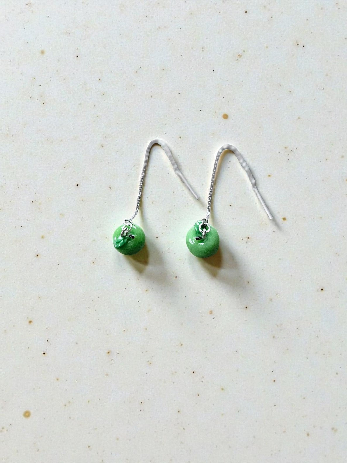 Green Apple on Silver Threader Earrings Dangle Earrings