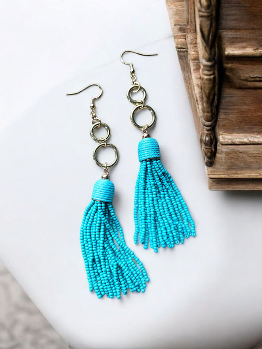 Upcycled Teal Bead Tassels on Golden Circles Dangle Earrings