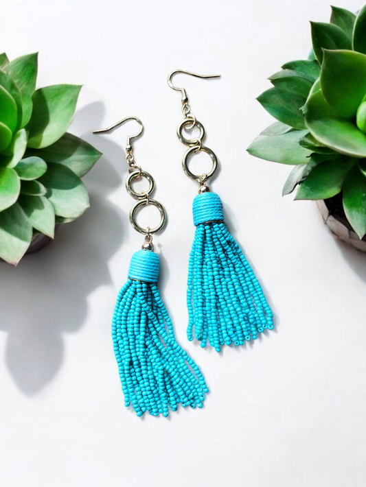 Upcycled Teal Bead Tassels on Golden Circles Dangle Earrings