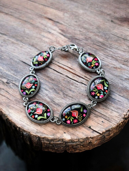 Black Floral and Glass Bracelet
