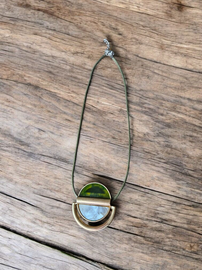 Green Gold and Mother of Pearl on Olive Leather Necklace
