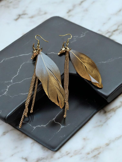 Golden Bull Skull Feather and Chain Long Dangle Earrings