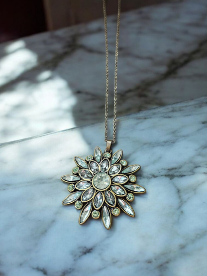 Upcycled Green and Diamond Gem Flower on Gold Necklace