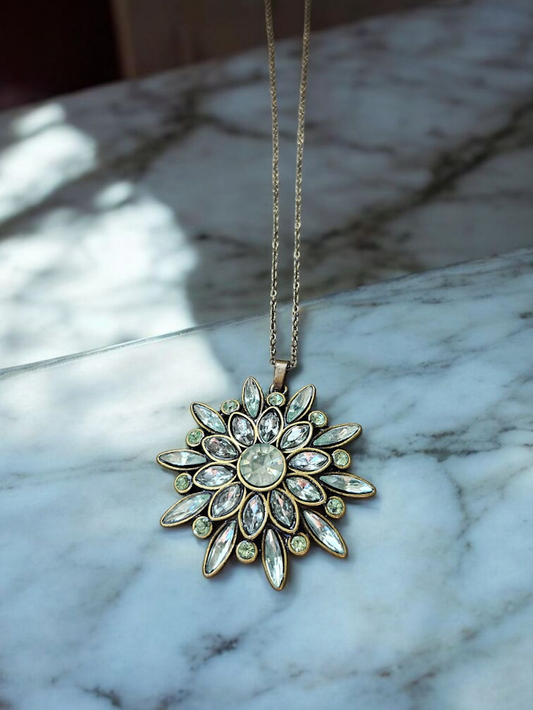 Upcycled Green and Diamond Gem Flower on Gold Necklace