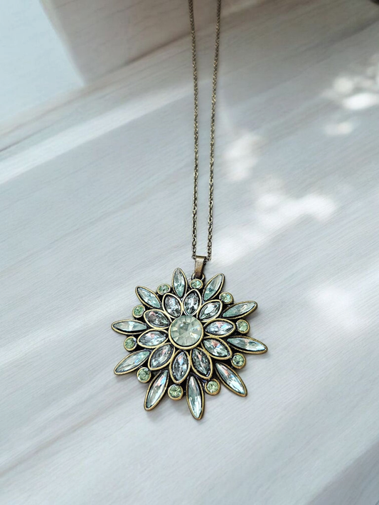 Upcycled Green and Diamond Gem Flower on Gold Necklace