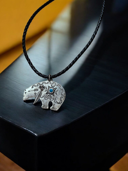 Silver Bear with Teal and Feather on Black Leather Necklace