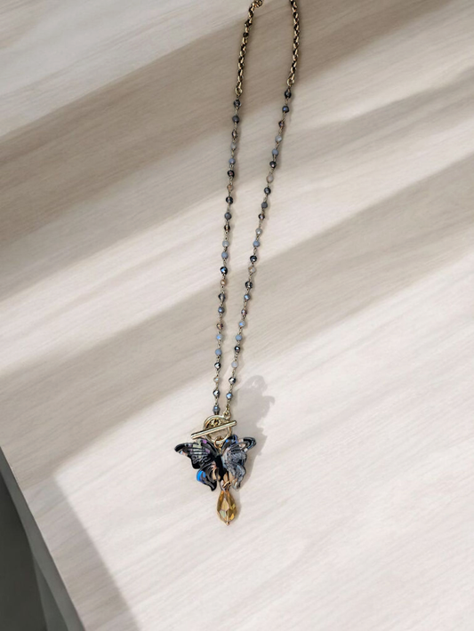Multicolor Butterfly Teardrop on Beaded Necklace