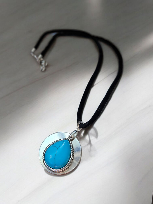 Teal and Silver Teardrop on Black Velvet Necklace