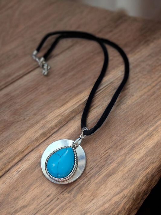Teal and Silver Teardrop on Black Velvet Necklace