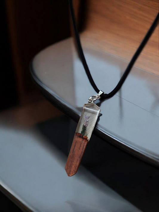 Pressed Floral Resin and Wood Black Velvet Necklace