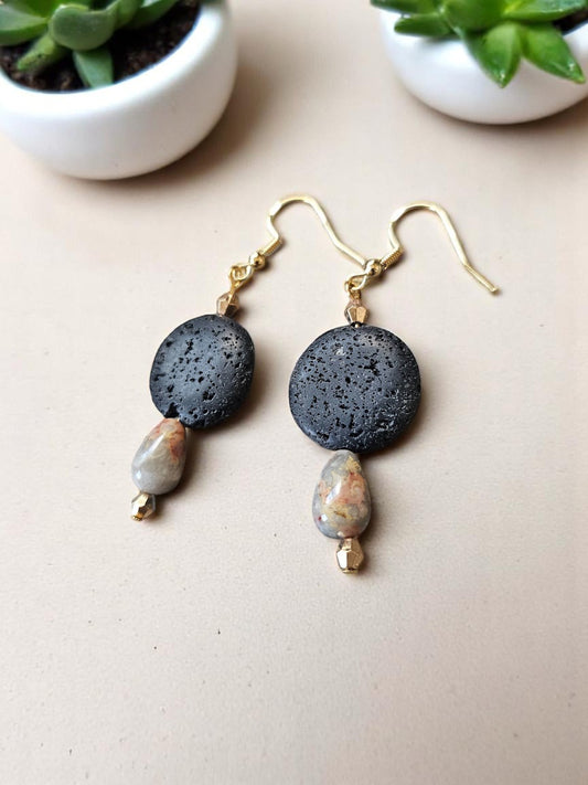 Lava Stone with Teardrop Gemstone Dangle Earrings