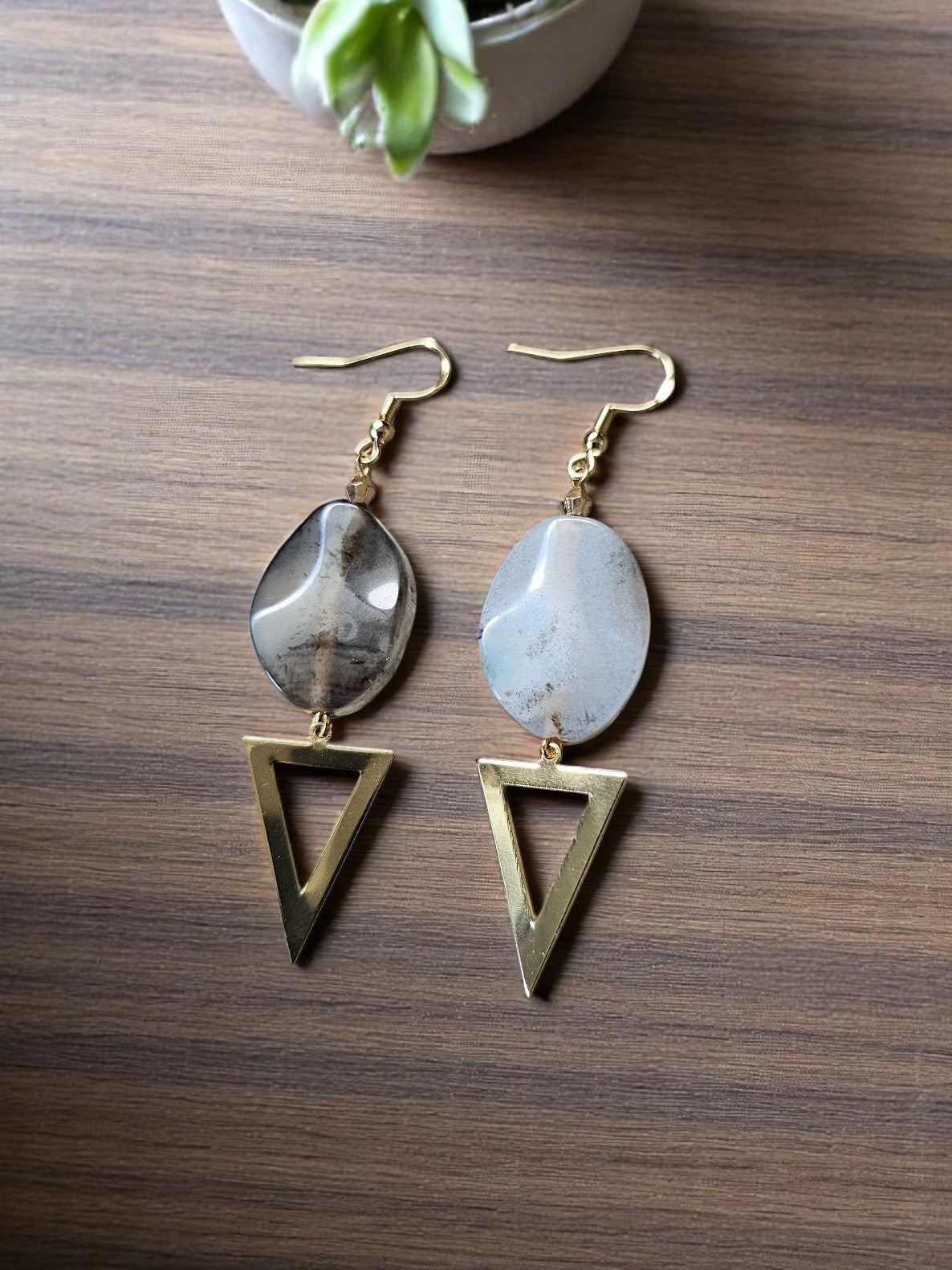 Genuine Montana Moss Agate with Golden Reverse Triangle Dangle Earrings