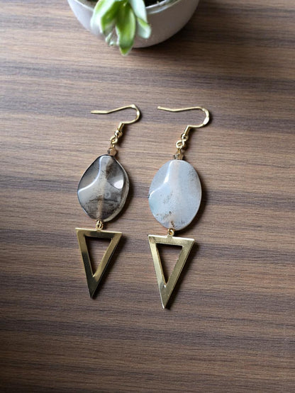 Genuine Montana Moss Agate with Golden Reverse Triangle Dangle Earrings