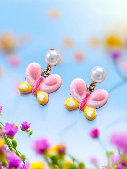 Pink Butterfly Dangle on Pearl Stud Earrings