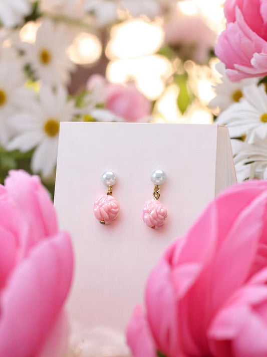 Hot Pink Flowers on Pearly Studs Dangle Earrings