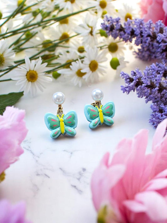 Blue Green Butterflies on Pearly Studs