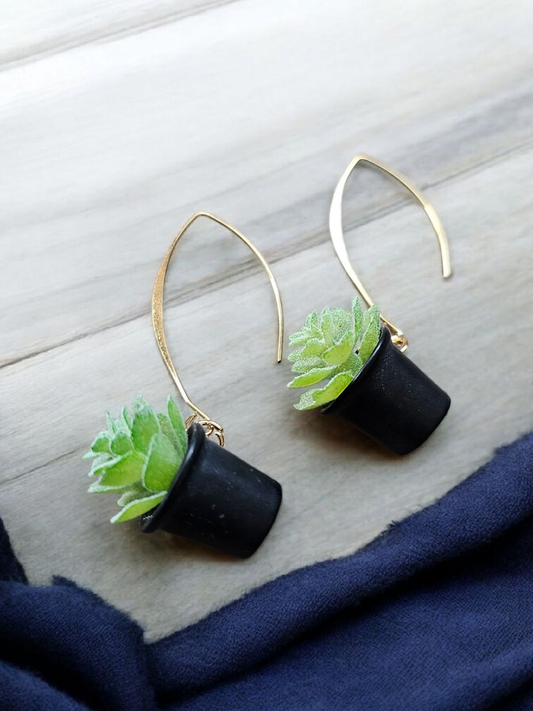 Potted Succulent V Hook Dangle Earrings