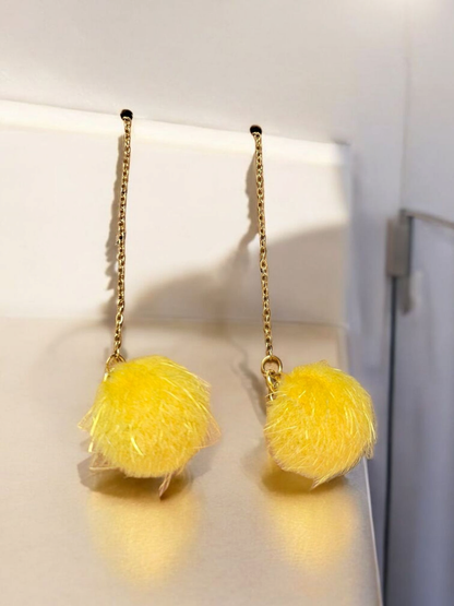 Yellow Puffball Threader Dangle Earrings