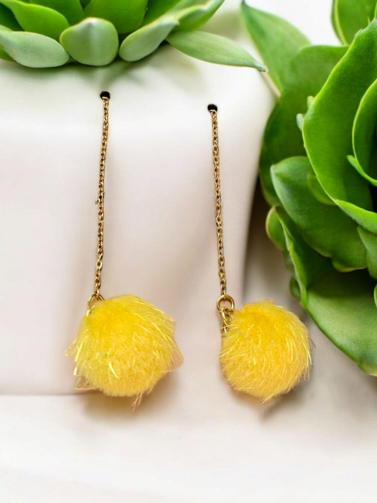 Yellow Puffball Threader Dangle Earrings