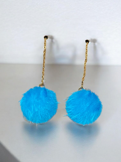 Blue Puffball Threader Dangle Earrings