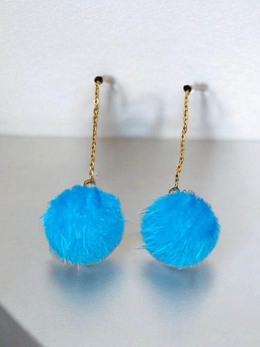 Blue Puffball Threader Dangle Earrings