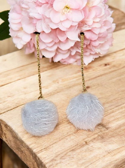 Grey Puffball Threader Dangle Earrings