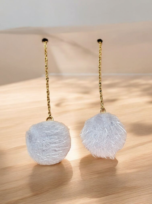 Grey Puffball Threader Dangle Earrings